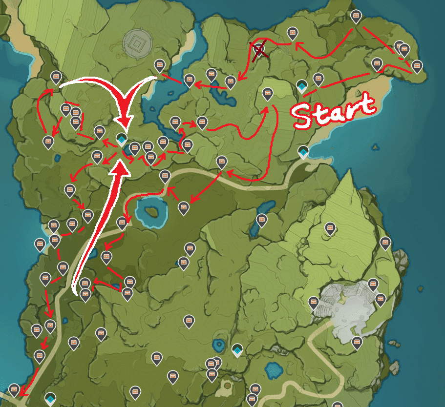 Optimized treasure hunting route map for Lempo Isle with numbered waypoints