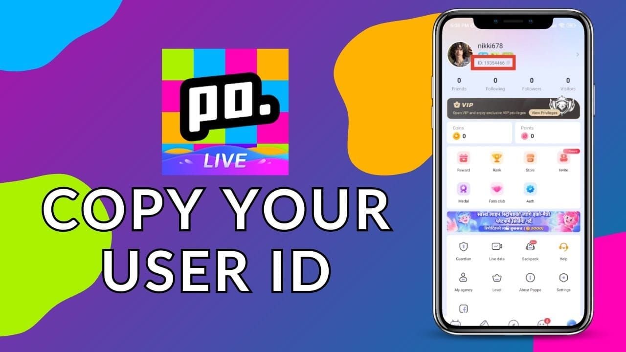 Poppo Live app screenshot showing User ID location in profile section