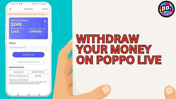 Third-party platform showing Cash App payment option for Poppo Live coin purchases