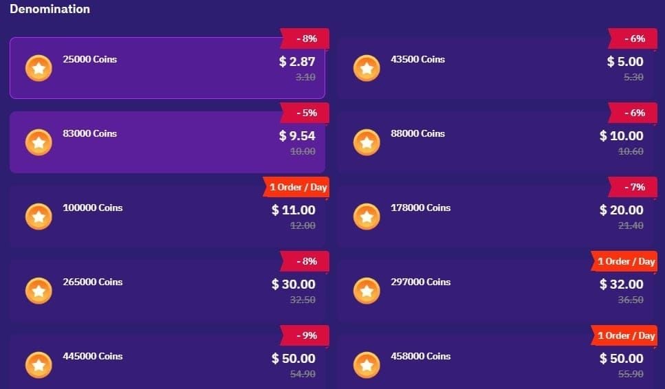 Price comparison table showing Poppo Live coin packages with original and discounted prices