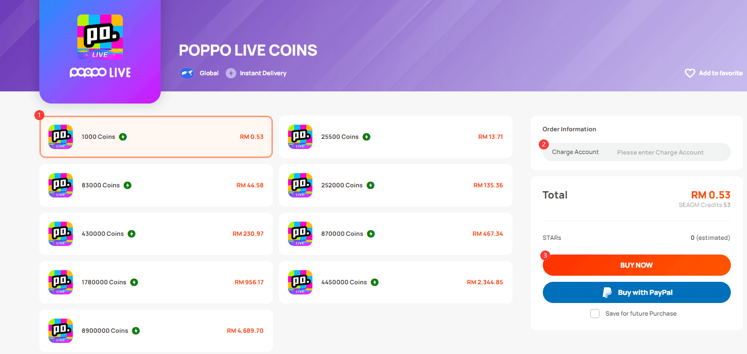 Poppo Live coin purchase screen displaying different coin package options and prices