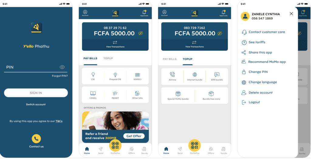 Step-by-step guide showing MoMo account registration and verification process with interface screenshots