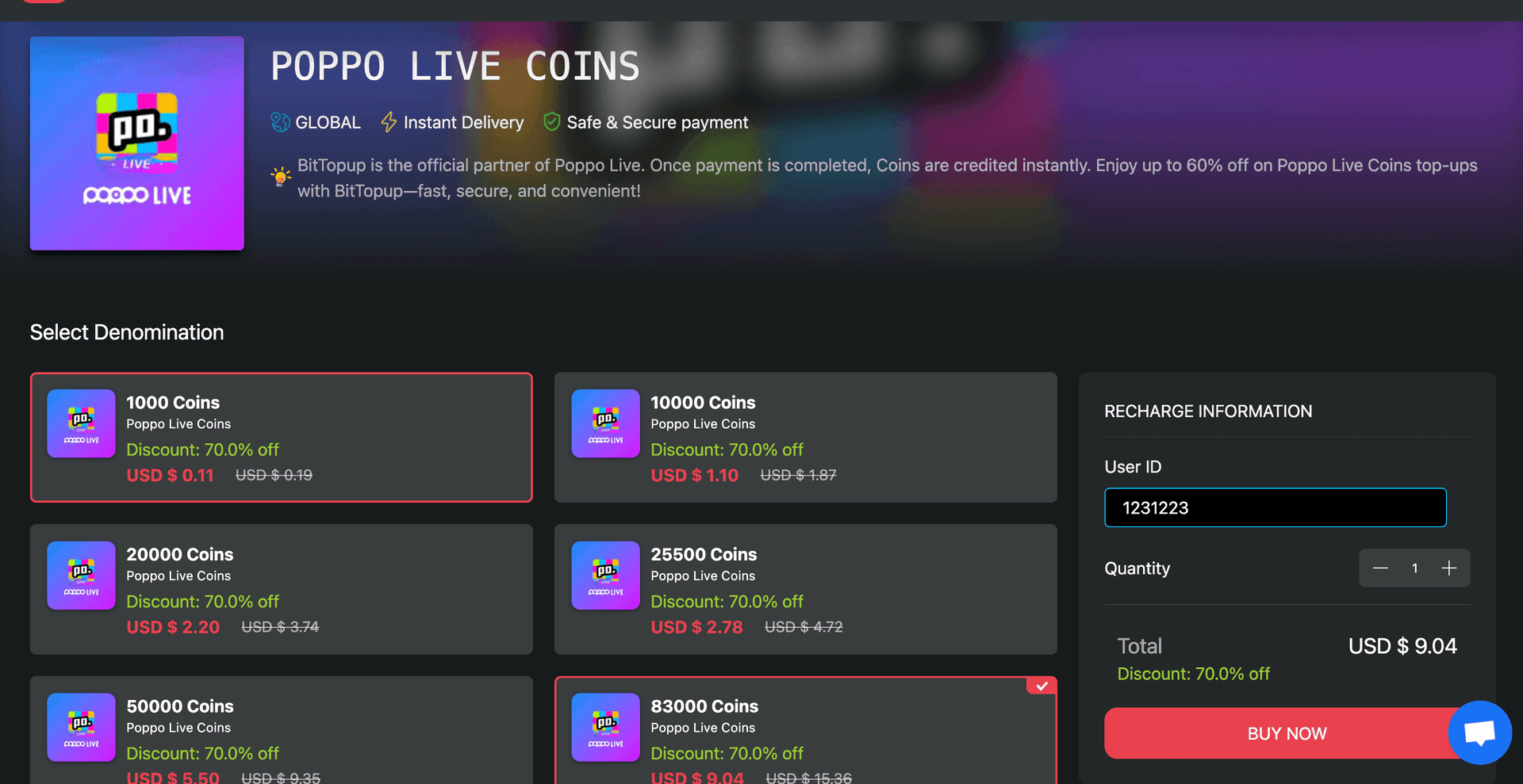 BitTopup platform showing Poppo Live coins packages with prices and ratings