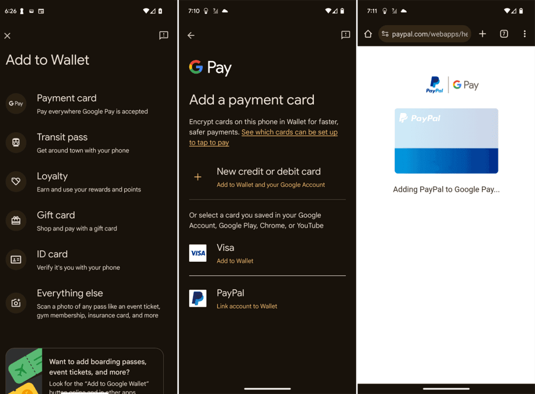 Google Pay interface showing wallet configuration and card setup