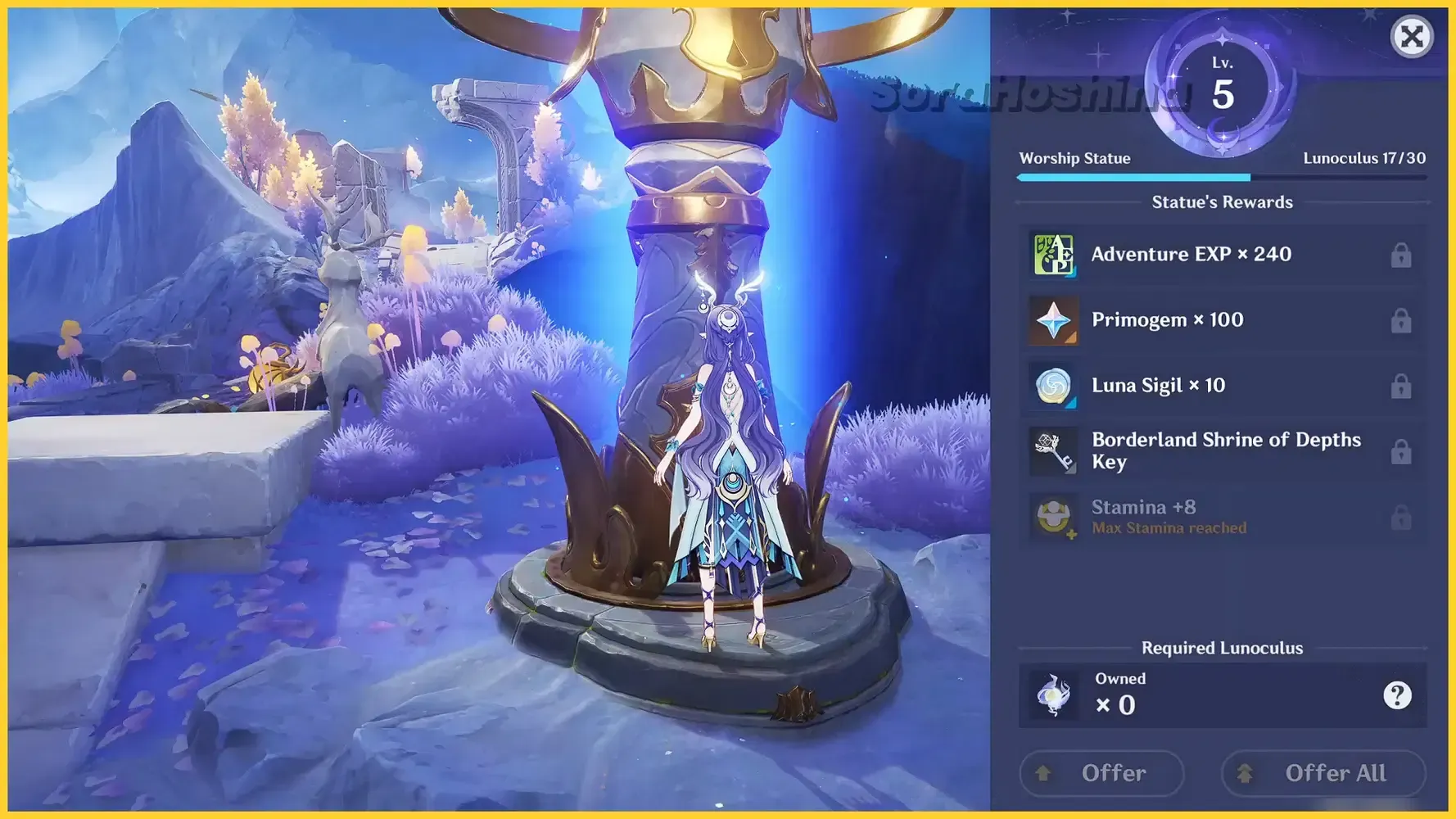 Genshin Impact screenshot of Lunoculus collectible glowing in statue's hand at Light-Bathed Platform