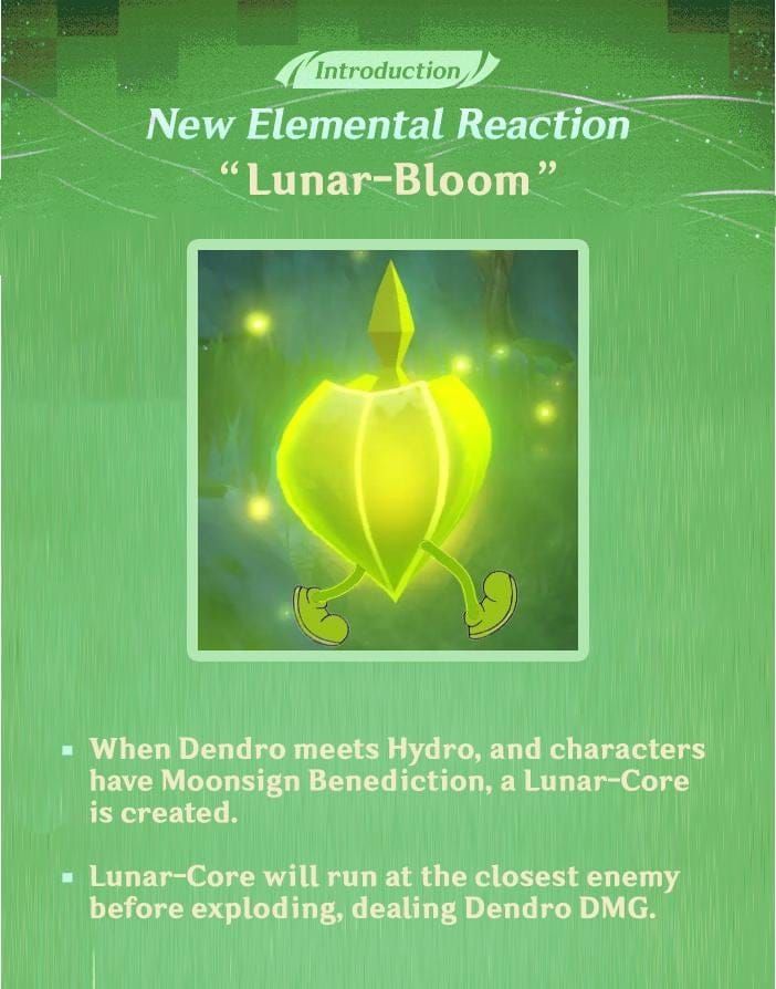 Genshin Impact Lunar-Bloom reaction showing enhanced explosion effects with larger AoE radius