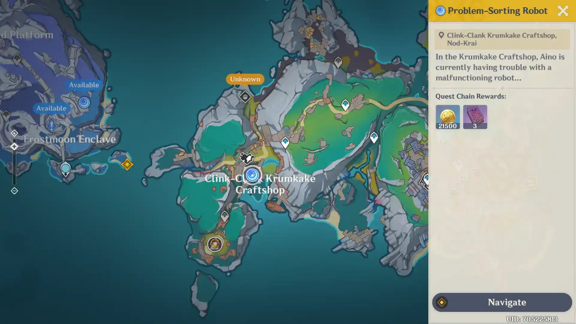 Nod-Krai region map displaying the three Meeting Points locations: Clink-Clank Krumkake Craftshop, Frostmoon Enclave, and Final Night Cemetery