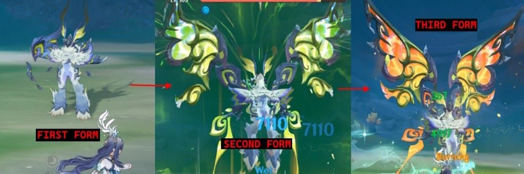 Radiant Moonfly boss in Green Butterfly form with spread wings during combat in Genshin Impact