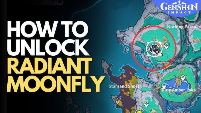 Map showing Radiant Moonfly boss location on Lempo Isle near Blue Amber Lake in Genshin Impact