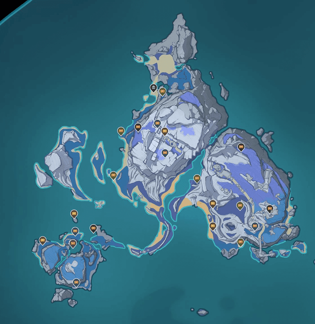 Hishi Island map showing treasure chest locations and energy source distribution