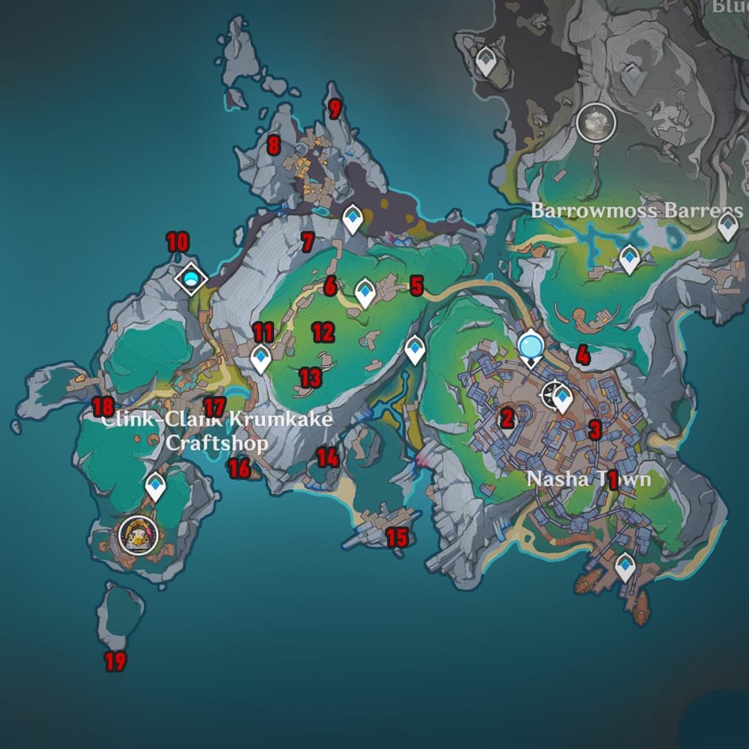 Genshin Impact map showing Clink-Clank Krumkake Craftshop location on Lempo Isle