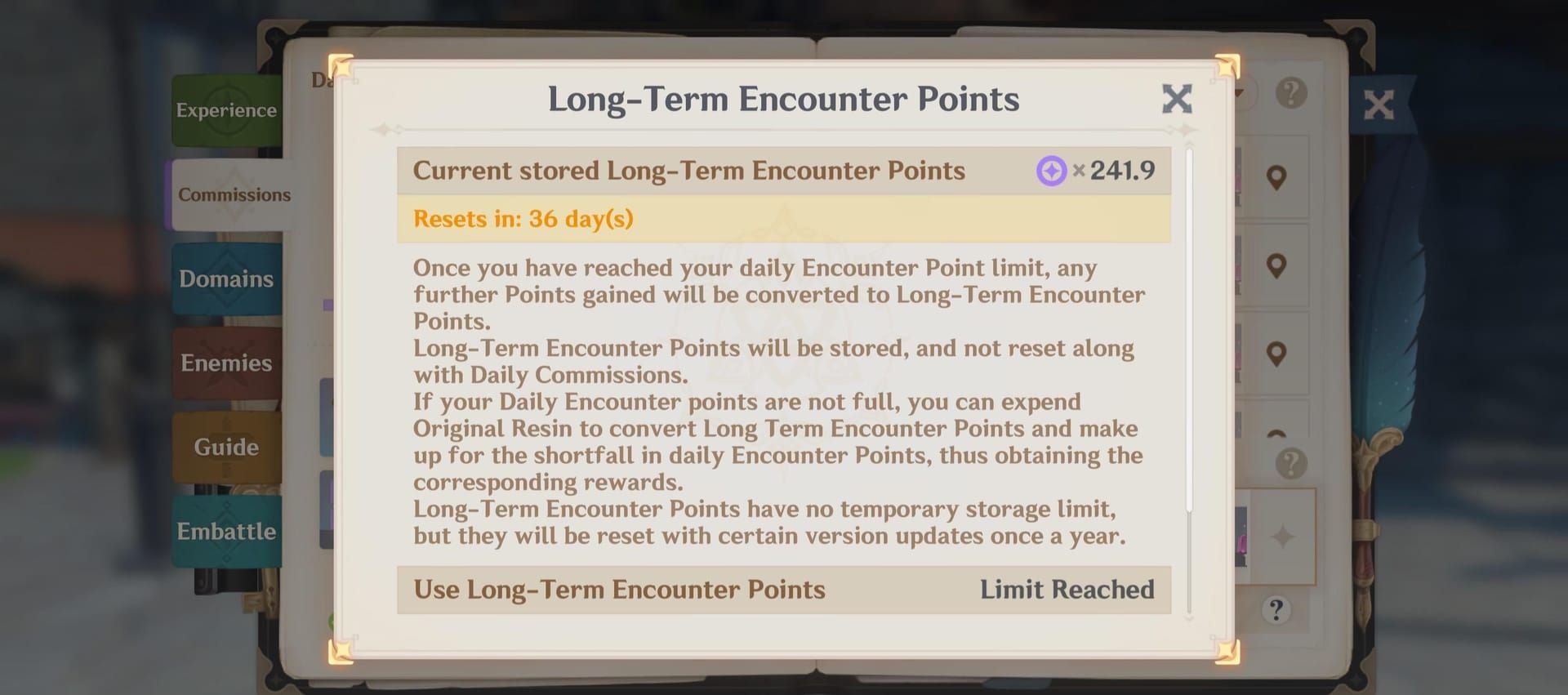 Genshin Impact Long-Term Encounter Points resin conversion interface