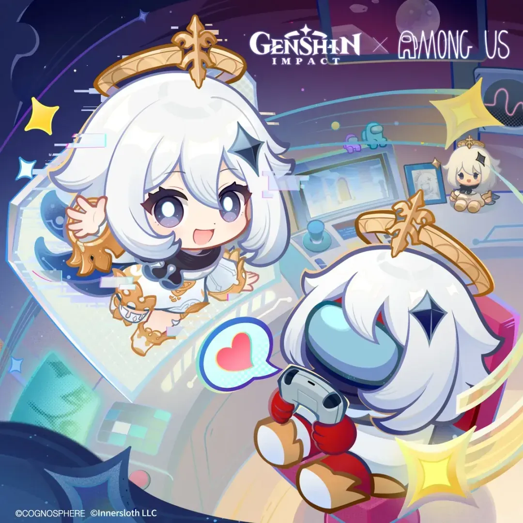 Genshin Impact and Among Us crossover promotional banner featuring both game logos