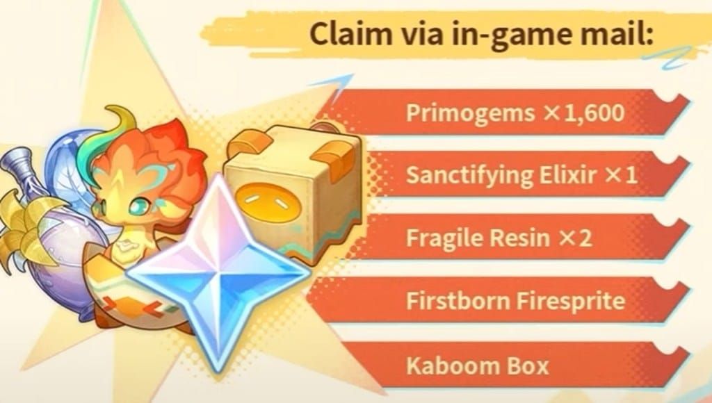 Genshin Impact mailbox displaying September 2025 anniversary code rewards including Primogems and materials