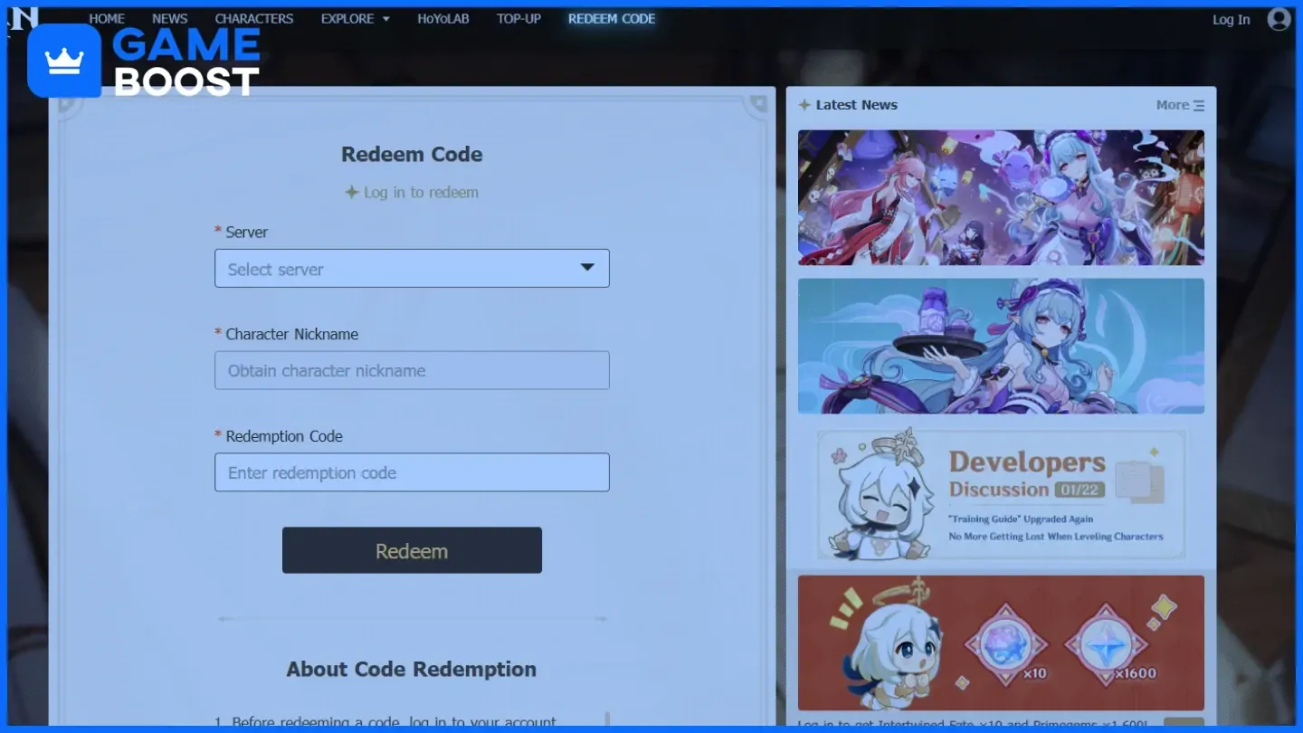 Official Genshin Impact code redemption website showing step-by-step redemption process
