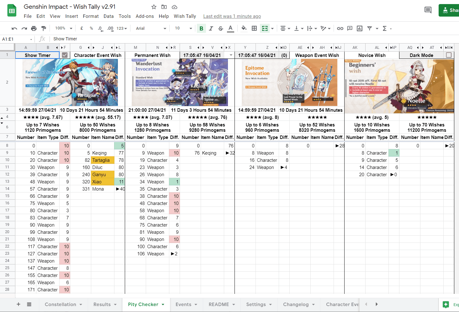 Genshin Impact wish history interface displaying pull tracking with color-coded rarities