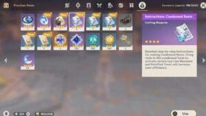 Genshin Impact inventory screen displaying Condensed Resin item with tooltip information
