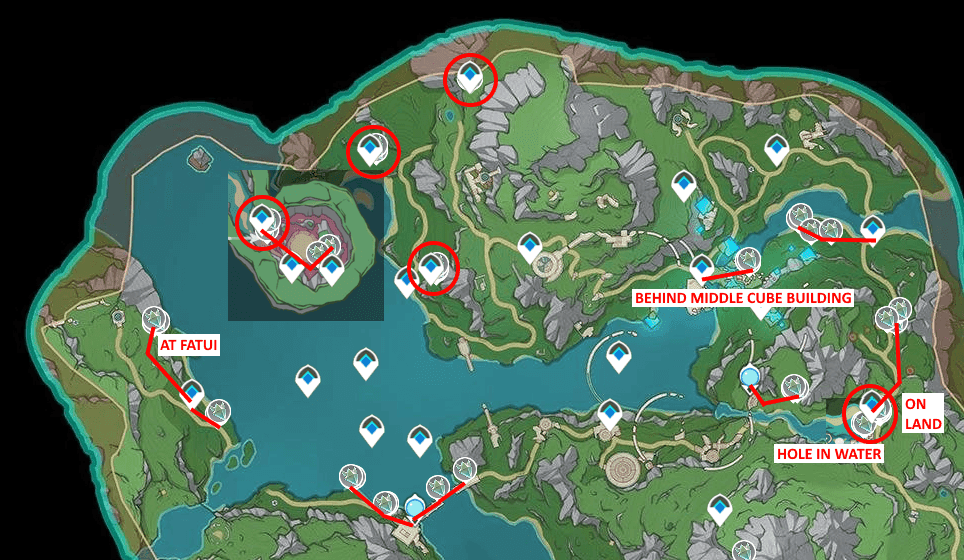 Genshin Impact map showing Crystal Core farming spots with Crystalflies at Dawn Winery