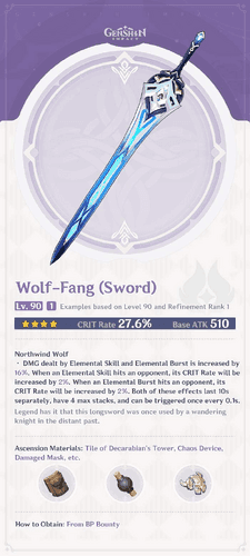Wolf-Fang sword weapon details in Genshin Impact showing stats and passive ability
