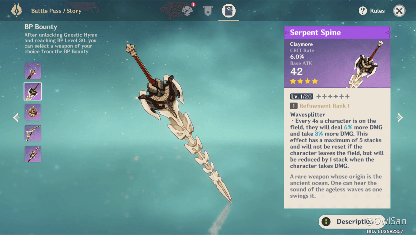 Genshin Impact Battle Pass exclusive weapons including Serpent Spine claymore