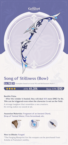 Song of Stillness bow weapon from Genshin Impact displaying weapon stats and passive ability