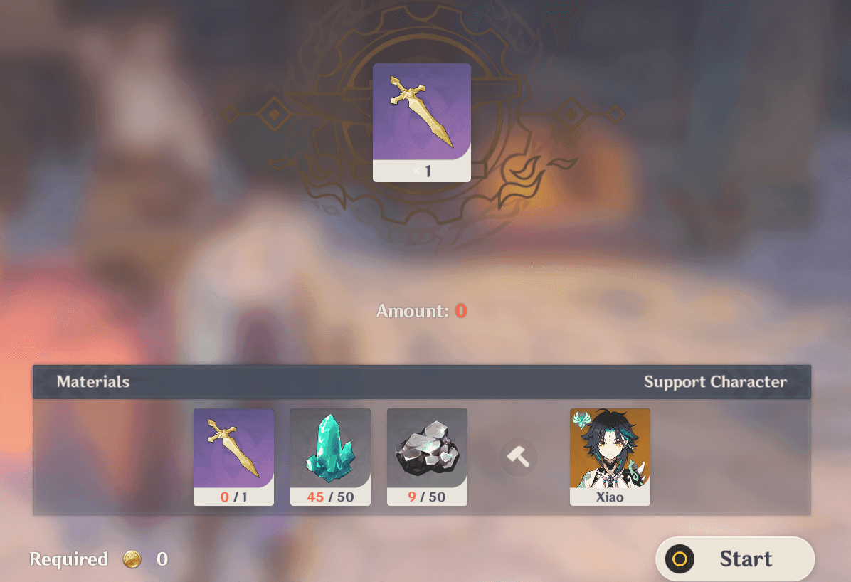 Genshin Impact weapon crafting interface showing materials and crafting options