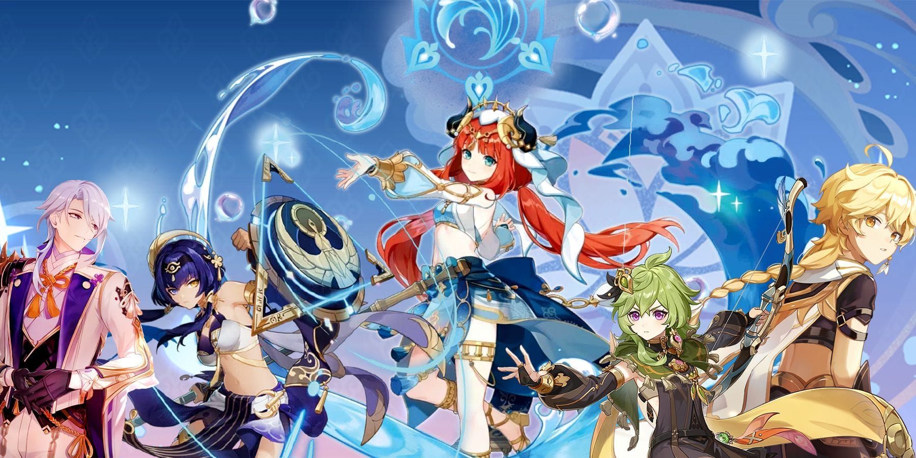 Genshin Impact optimal Nilou team composition showing Nilou, Lauma, Nahida, and Kokomi