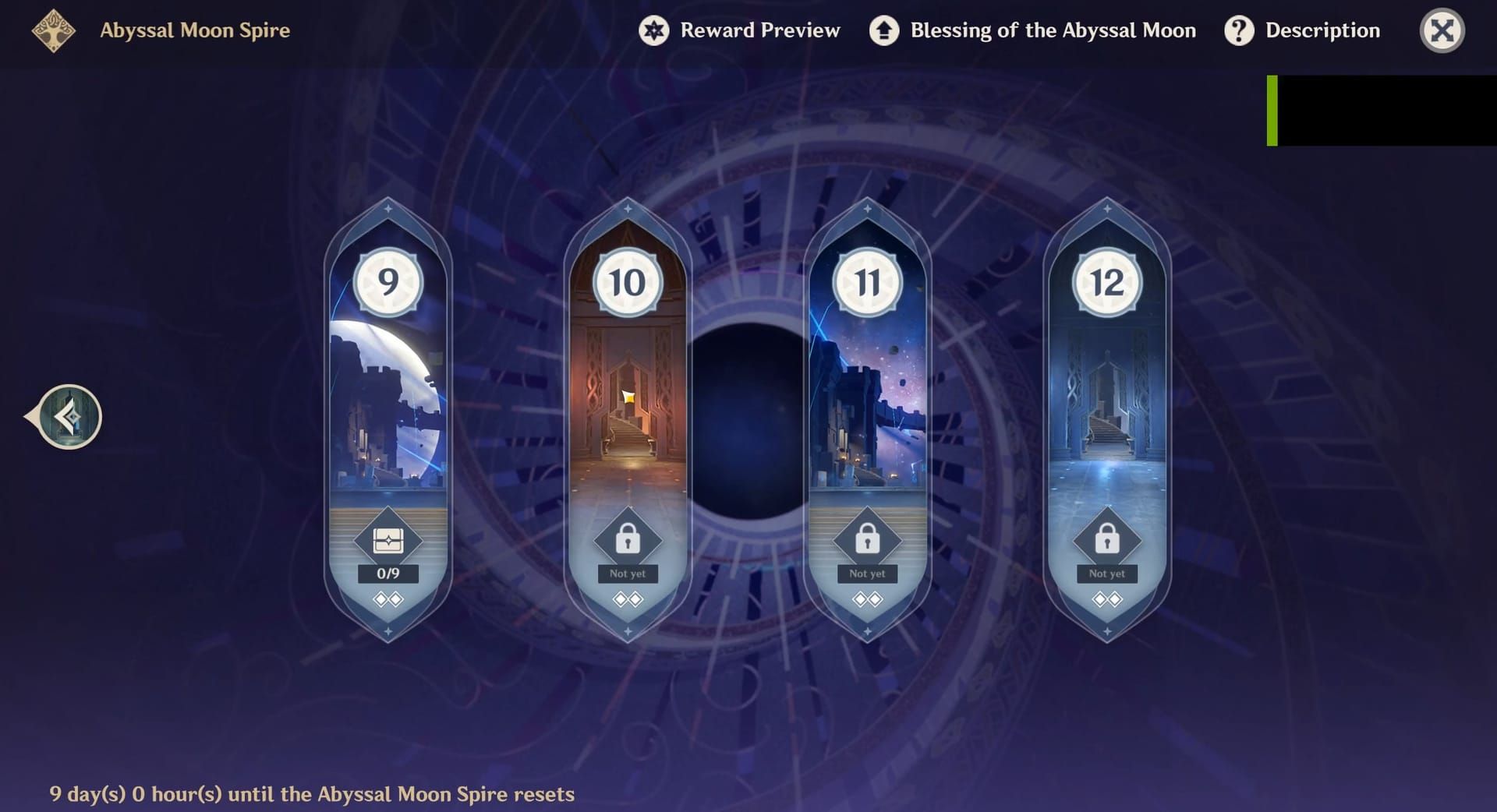 Spiral Abyss floor selection interface displaying Floors 9-12 with star ratings and Primogem rewards
