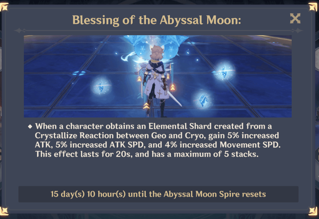 Blessing of the Abyssal Moon interface showing current blessing effects and damage bonuses