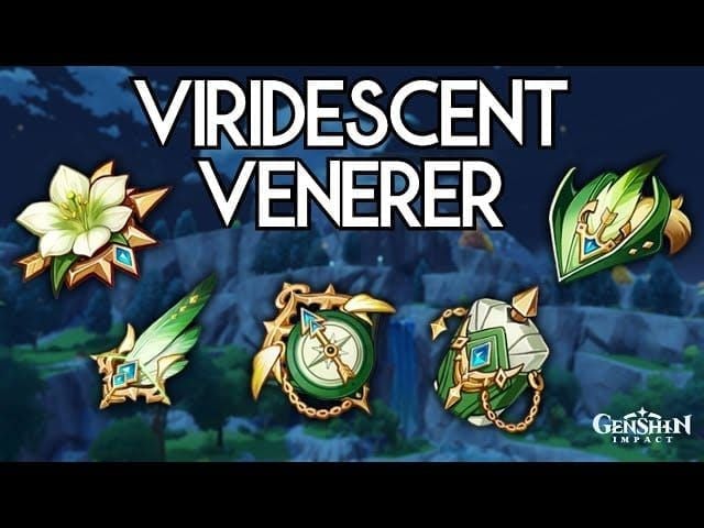 Complete Viridescent Venerer 4-piece artifact set display in Genshin Impact