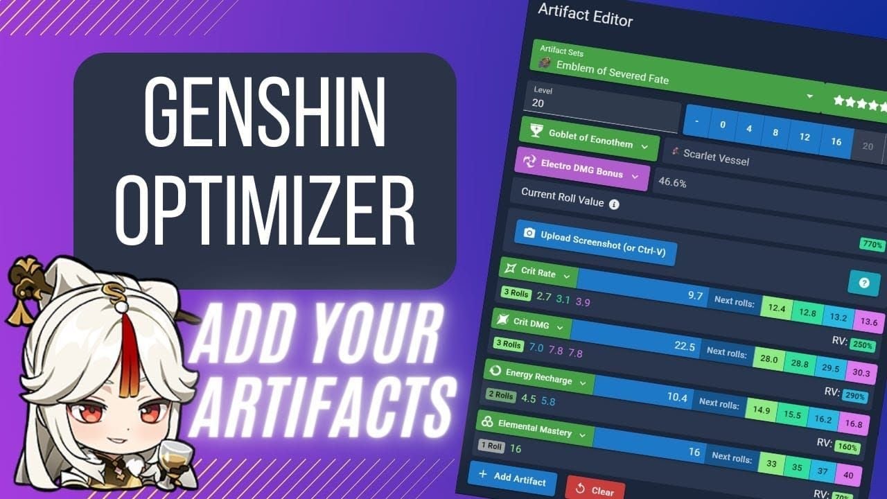 Genshin Optimizer calculator interface displaying damage calculation and artifact optimization features