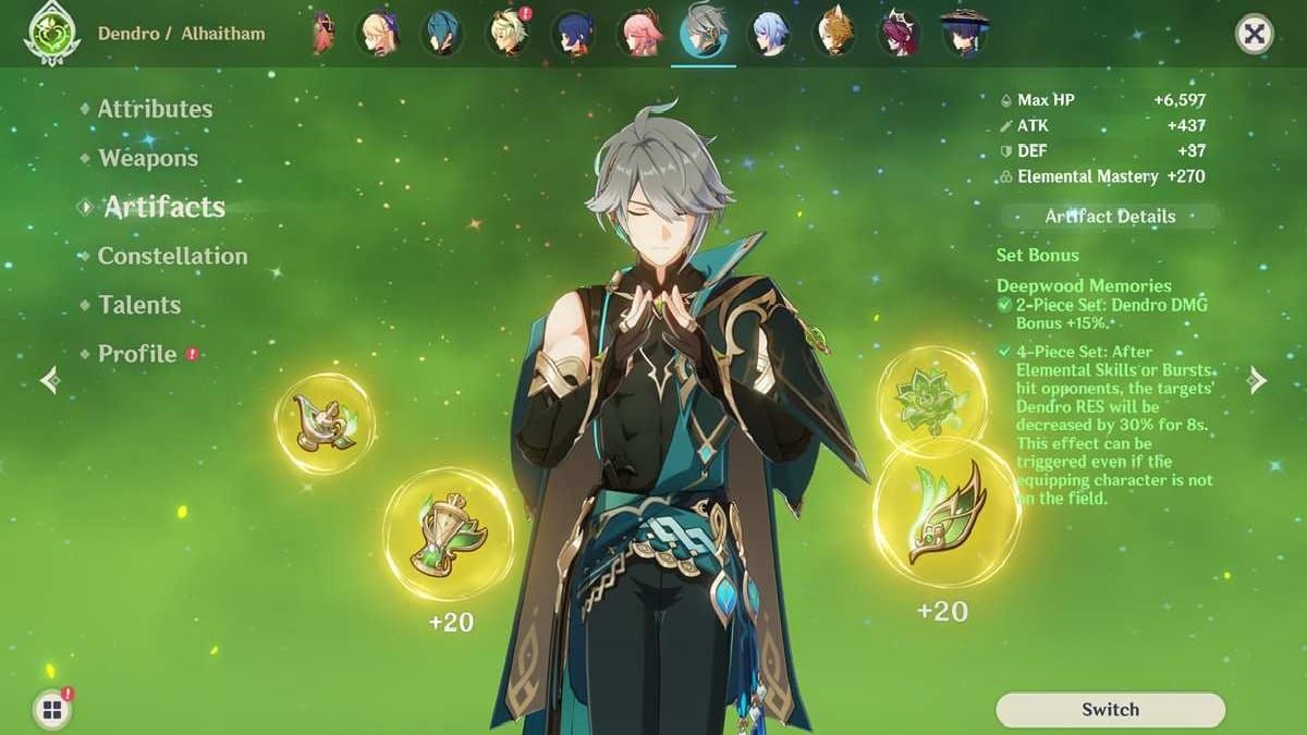 Genshin Impact Alhaitham recommended artifact sets and main stats guide