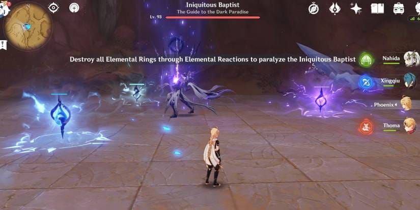 Iniquitous Baptist boss surrounded by three elemental rings during phase 1