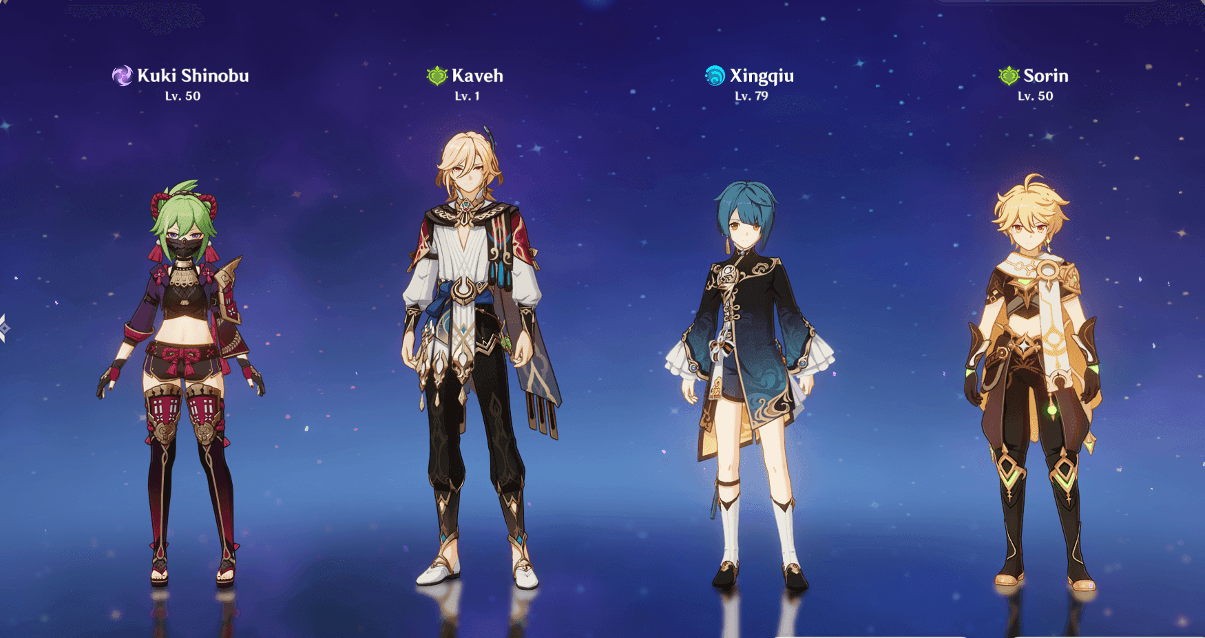 Hyperbloom team composition featuring Alhaitham, Nahida, Xingqiu, and Kuki Shinobu