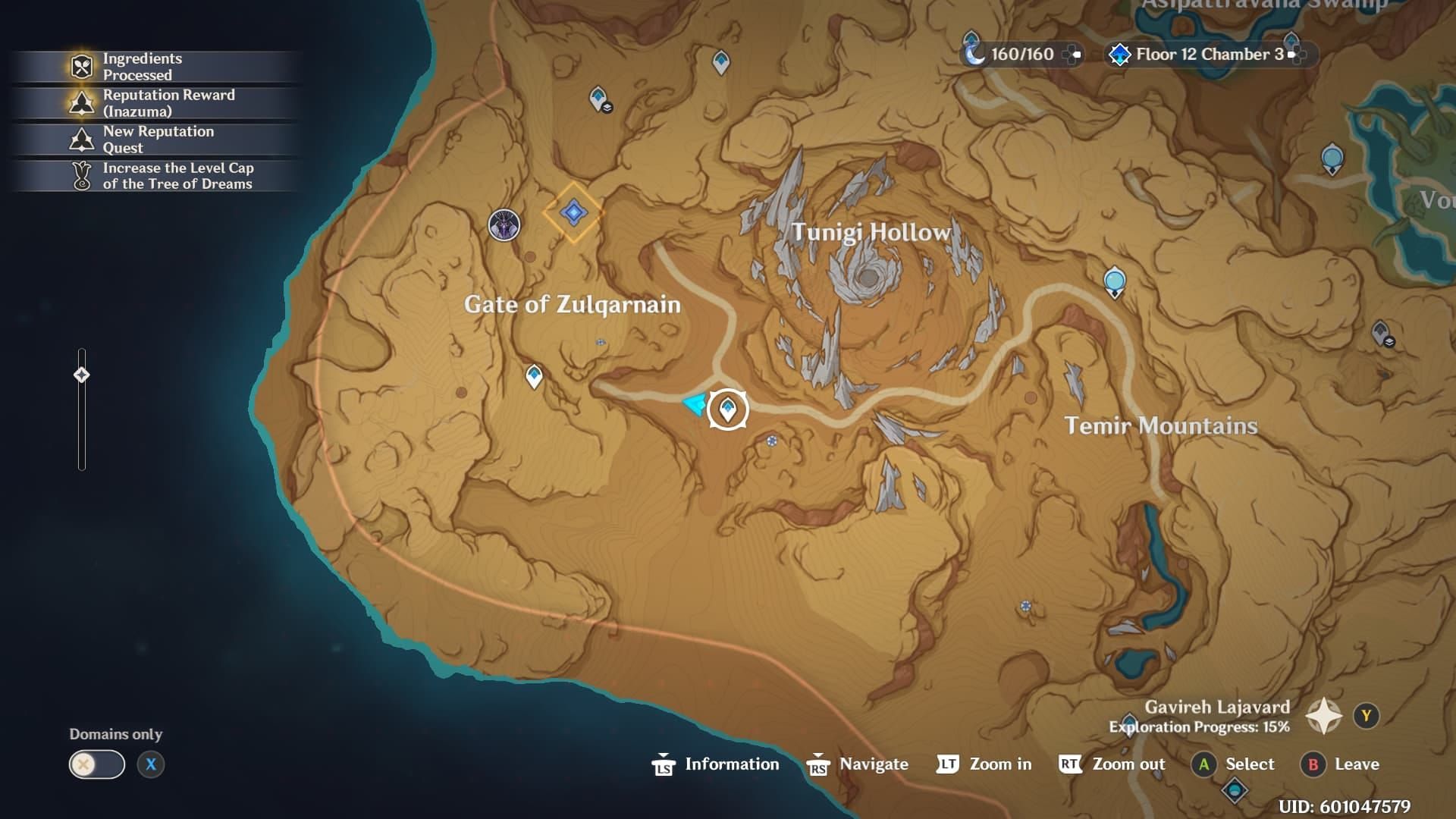 Map showing Iniquitous Baptist boss location in Sumeru's Girdle of the Sands