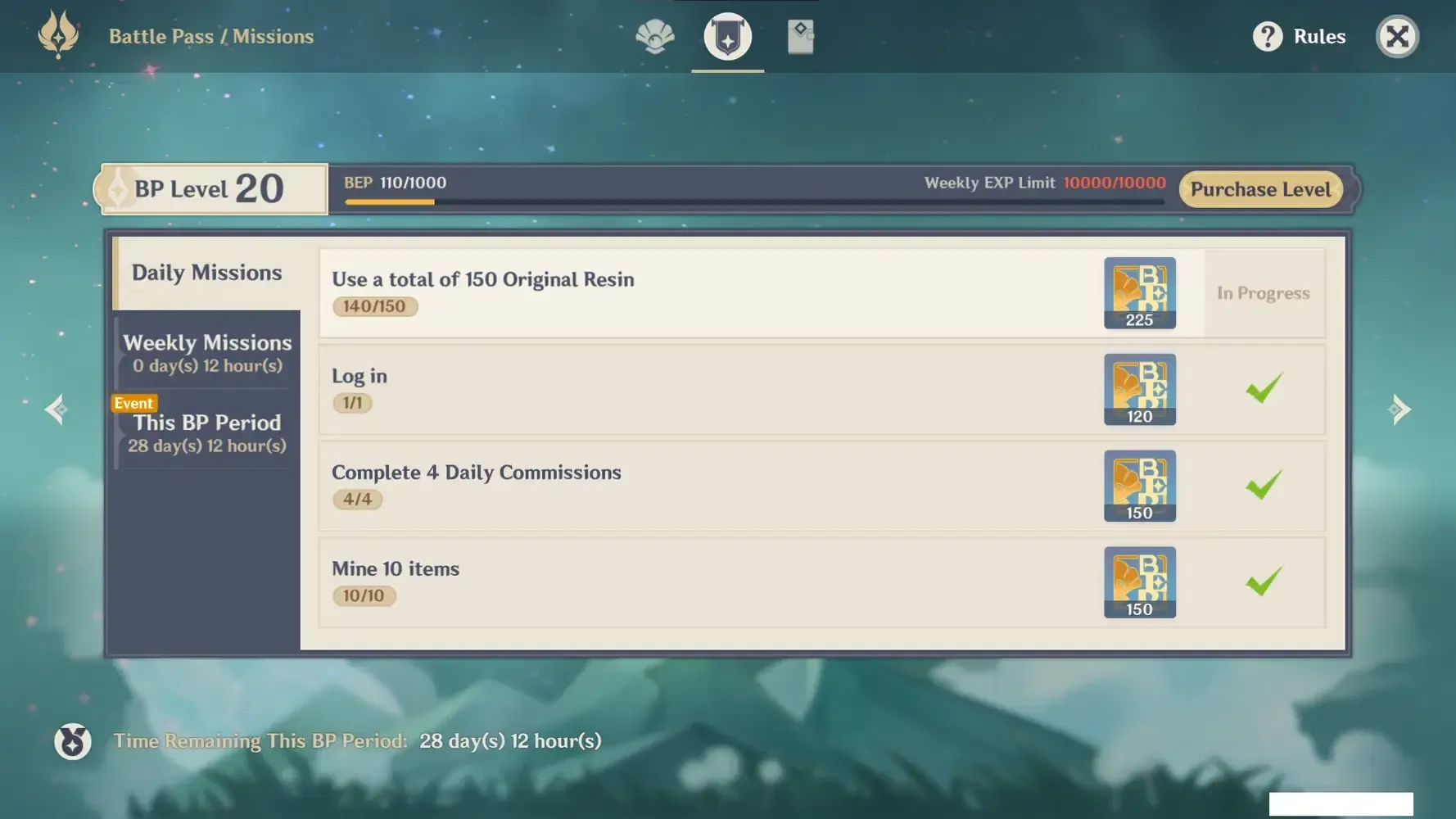 Genshin Impact Battle Pass missions interface showing daily, weekly, and period mission categories