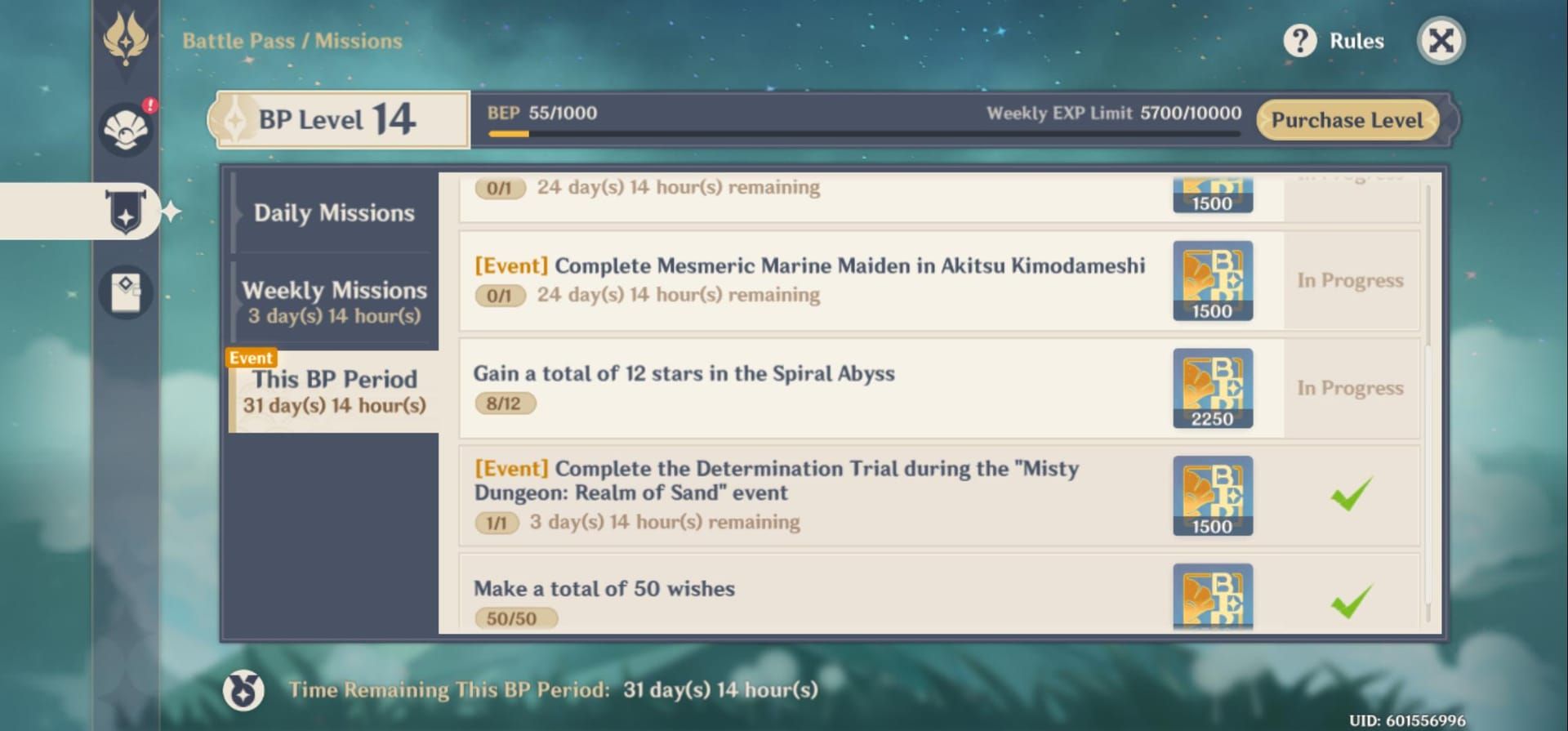 Genshin Impact Spiral Abyss Battle Pass mission showing 2,250 XP reward