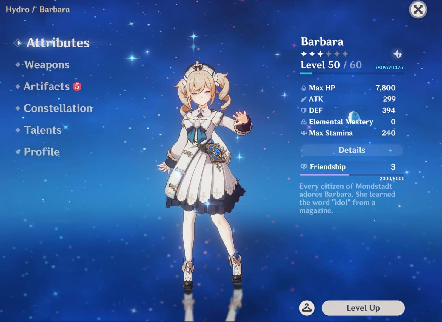 Genshin Impact friendship level progression screen showing EXP requirements from level 1 to 10