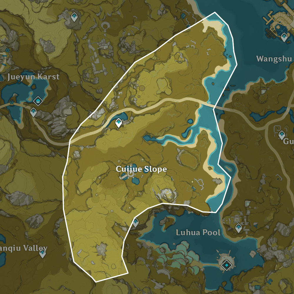 Genshin Impact map showing Cuijue Slope in Liyue and Wolvendom in Mondstadt marked as random event farming locations
