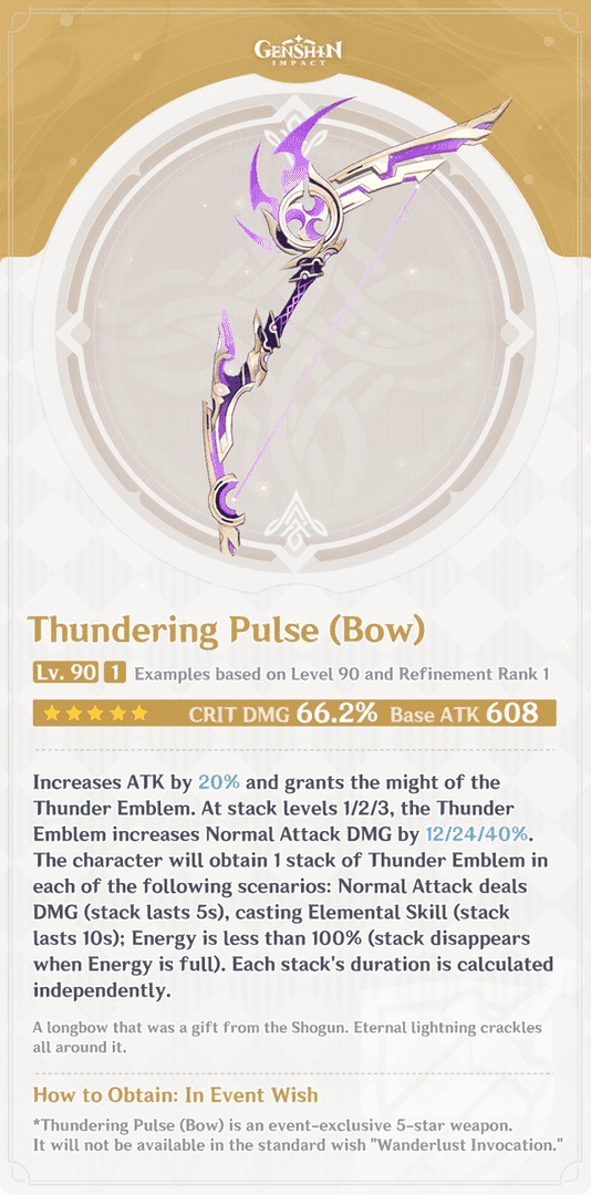 Thundering Pulse bow weapon from Genshin Impact showing weapon design and statistics
