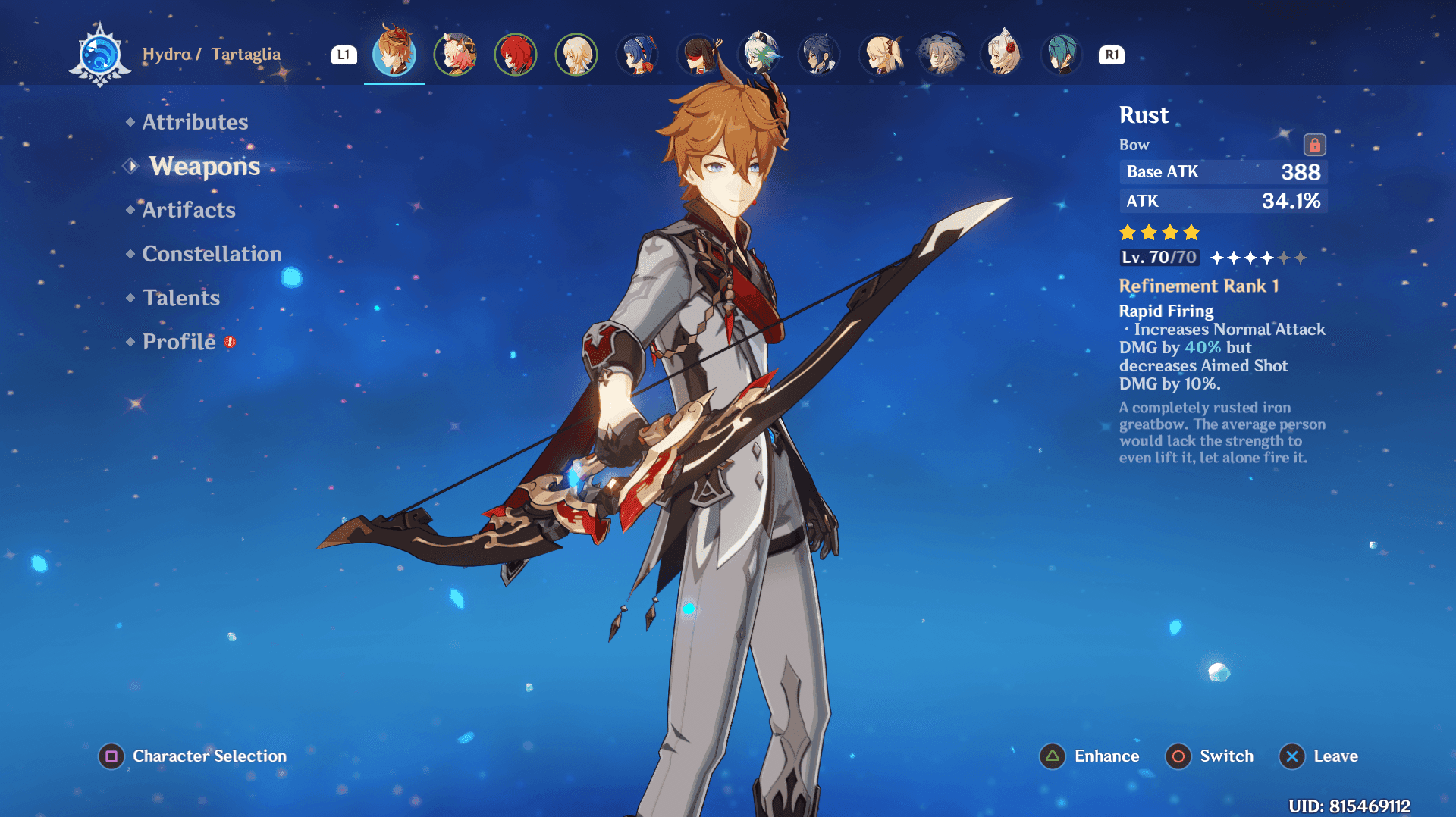 Rust bow weapon at R5 refinement level in Genshin Impact showing enhanced statistics