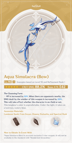 Aqua Simulacra bow weapon from Genshin Impact displaying weapon statistics and design