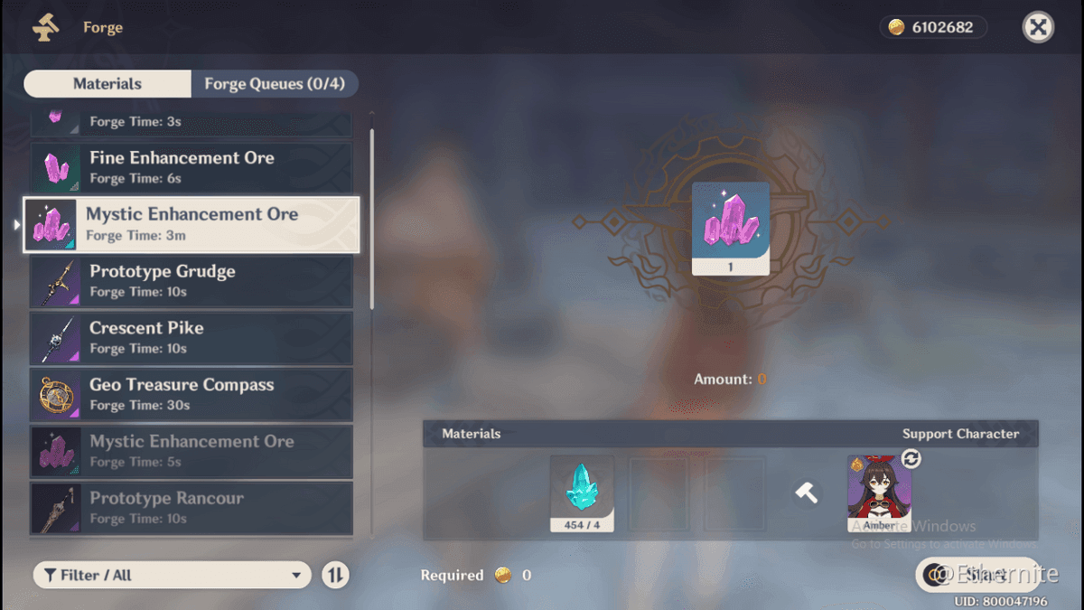 Genshin Impact blacksmith interface showing Crystal Chunk to Mystic Enhancement Ore conversion