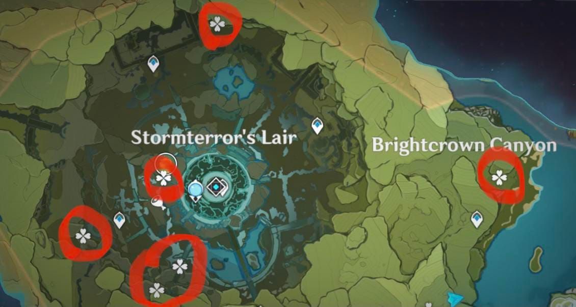 Stormterror's Lair area map showing Crystal Chunk farming locations in Genshin Impact