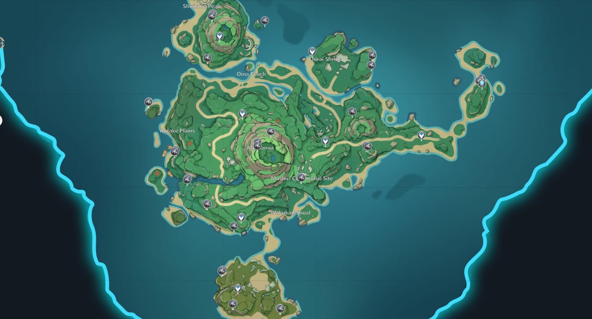 Tsurumi Island in Genshin Impact showing White Iron Chunk farming locations