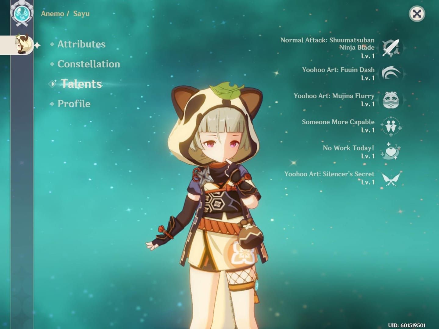 Genshin Impact character Sayu with her passive talent Yoohoo Art: Silencer's Secret displayed