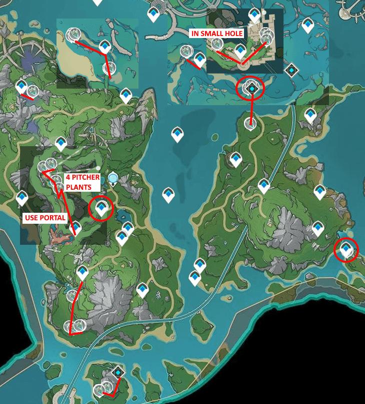 Genshin Impact farming route guide showing numbered waypoints and directional paths for efficient Crystal Core collection