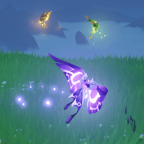 Various elemental Crystalflies from different regions in Genshin Impact including Anemo, Geo, Cryo, Electro, Dendro, and Hydro types