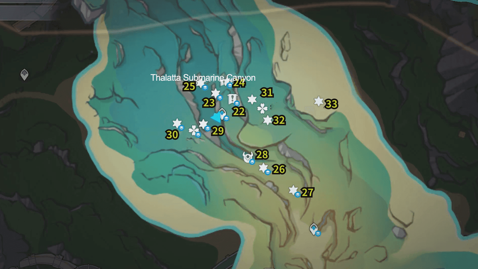 Genshin Impact map showing Thalatta Submarine Canyon location with waypoint and underwater cave entrance marked