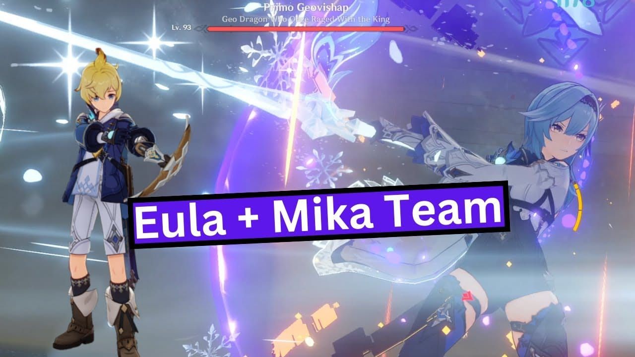 Optimal Eula team composition featuring Eula, Raiden Shogun, Mika, and Zhongli